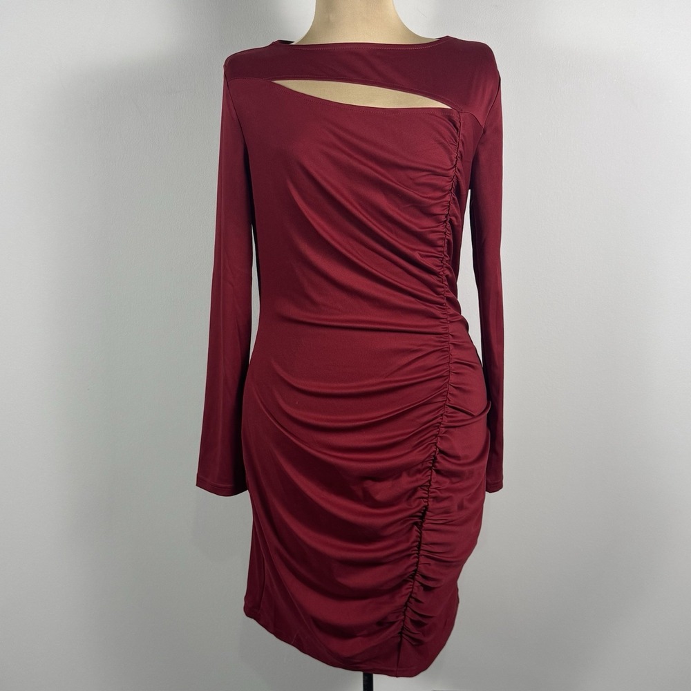 Scarlet Darkness Dark Red Bodycon Ruched Dress Long Sleeves Size Medium READ